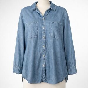 Chicos Chambray Denim Shirt Tunic Lyocell Blue Button Womens 2 L Western Casual
